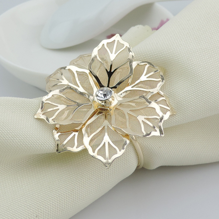 Wholesale 50pc New Diamond Golden Leaf Napkin Ring Serviette Holder Wedding Banquet Dinner Decor Favor Napkin buckle