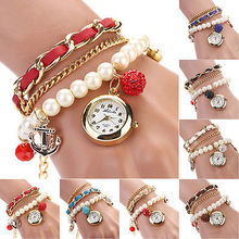 De la muchacha Splendid de cuero de imitación de la perla Rhinestone Anchor pulsera de cuarzo reloj de pulsera