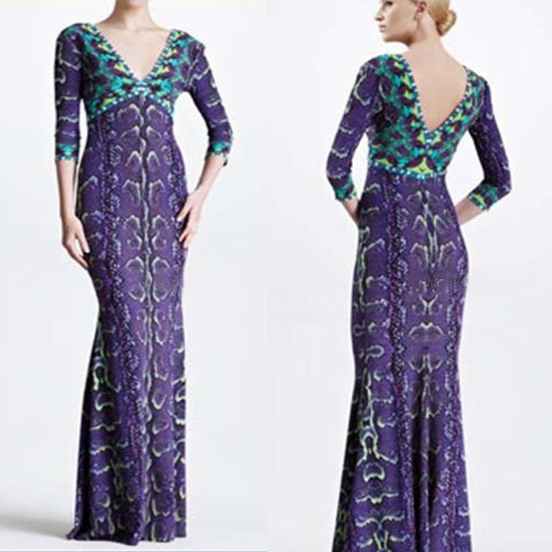 free shipping 2014 women's epucci Fall Charming Purple Printed Stretch Jersey V-neck 3/4 sleeve Max Dresses