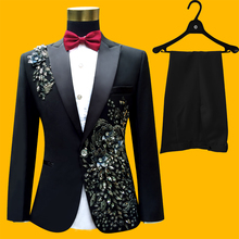 (jacket+pants+tie+belt)male suit groom wedding prom party paillette red black instrument slim costumes blazers flower formal