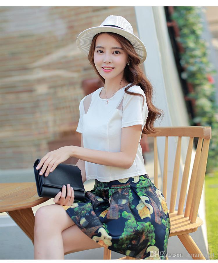 2015 Women Elegant Organza Patchwork Tees + Floral Ruffles Skirts Summer Casual Outfits Slim Tops Sets