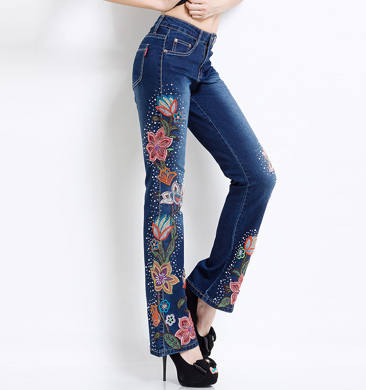 2019 Wholesale Ferzige Women Jeans With Embroidery Manual Embroidered Flares Pants Hand Beading 8573