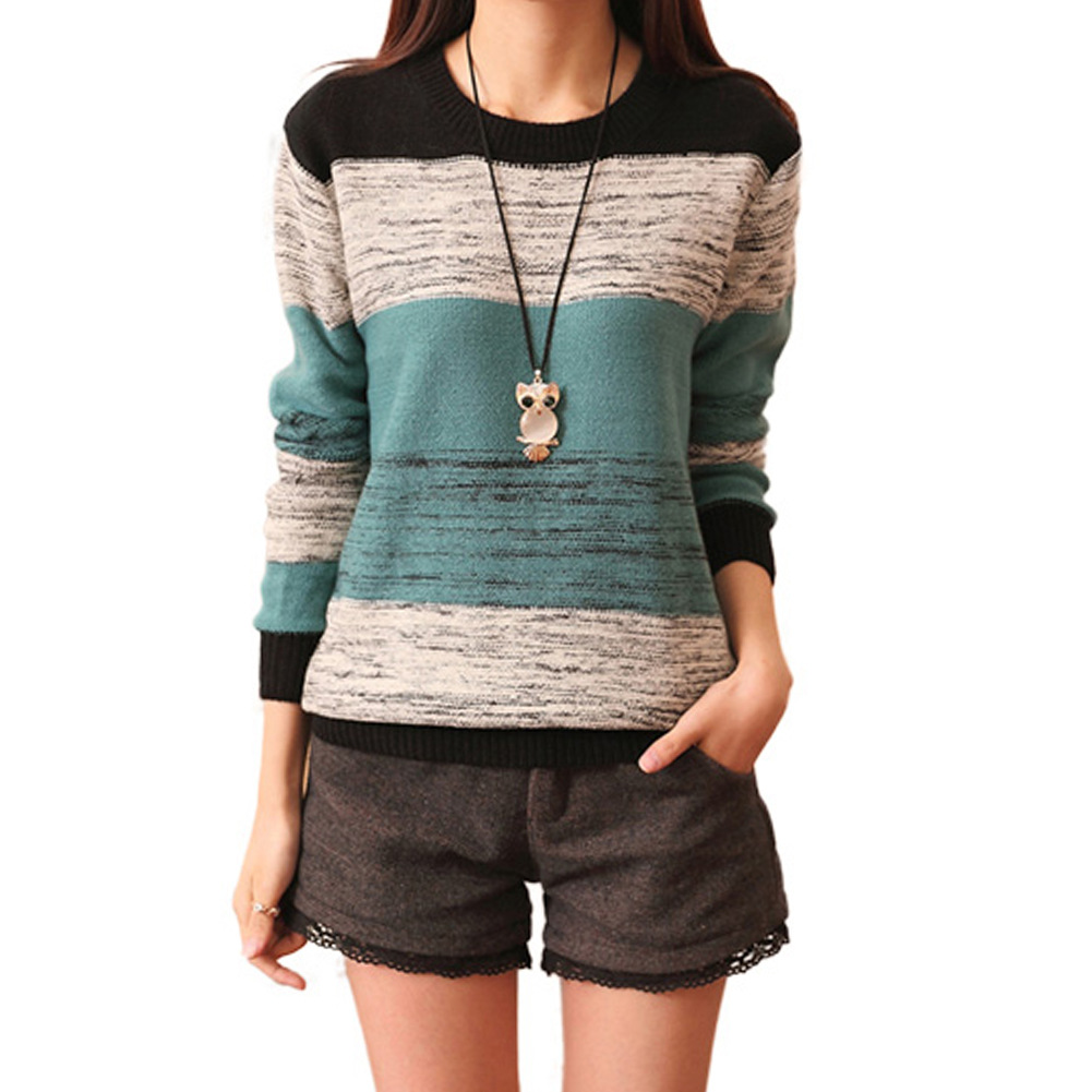 >Female striped turtleneck sweater round neck long sleeved shirt color loose sweater<2