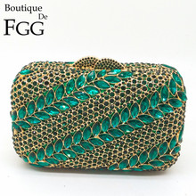 Women Mini Green Leaves Rhinestones Crystal Evening Wedding Cocktail Box Clutch Handbag Purse Golden Metal Hardware Clutches Bag