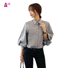 2016 Autumn New Solid Color Women Tops & Blouses Casual Cotton Shirt Striped POLO Shirt Wild Big Yards Lantern Sleeve Shirt Tops