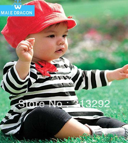 HL8225, 5sets/lot, baby children 3pcs clothing sets, Cap + stripe t shirt + pant for 1-3Y.
