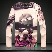 Dog Printing Men’s Knitwear 2016 New Shirt Long Sleeve Fashion Tee Shirt V Neck T-Shirt Autumn Winter Pullover Undershirt M-3XL