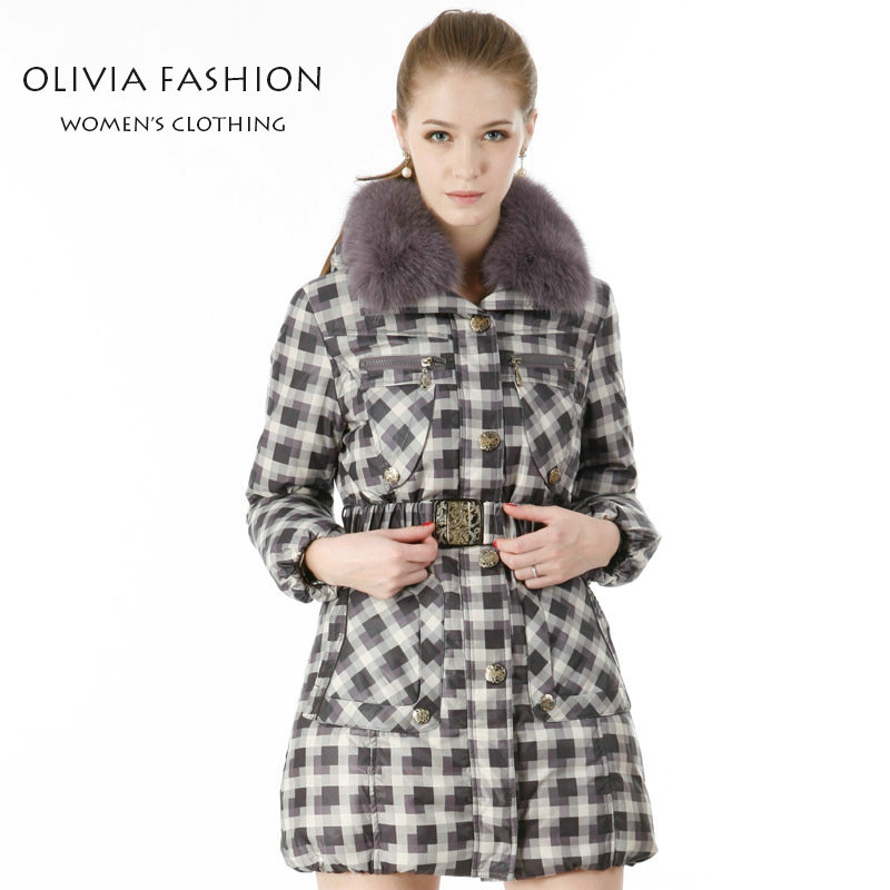 Olivia Boutique Newest Fashion Winter Down Coat with Faux Fur Collar Adjustable Waist Zippers Buttons Down Parka Free Shipping