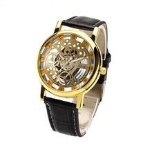 Fashion Men s women Quartz imitation Mechanical Hand Wind Hollow out Big dial Leather strap watches