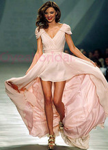 Custom made Miranda Kerr V neck Capped Sleeves Chiffon High low Celebrity Dresses Formal dresses for