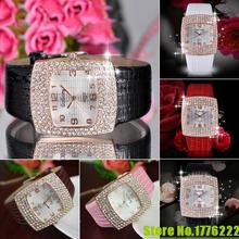 Hot 2015Women s Luxury Square Shiny Crystal Rhinestones Faux Leather Analog Wrist Watch 4KH1