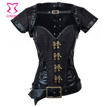 Black Leather and Brocade Steel Boned Corset Overbust Corselet Waist Training Corsets with Jacket, Pouch Belt Gothic Clothing