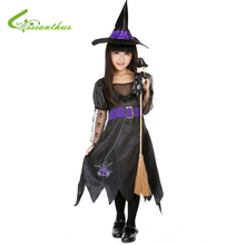 Girls Halloween Costumes Black Witch Dress & Hat Set Spirit Cosplay Stage Wear Clothing Kids Masquerade Party Fancy Ball Clothes