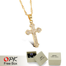 OPK AAA Cubic Zirconia Cross Woman Necklaces Vintage 18K Gold Plated Women Religious Jewelry Pendant Free