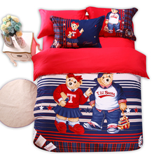 100 cotton Good quailty kids teddy bear red tartan bedding set king queen size quilt cover Children cartoon girls boys bedding