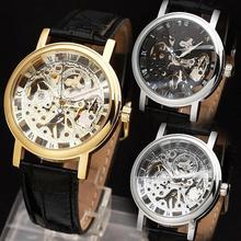 WINNER Women Couple Luxury Mechanical Wrist Watch Leather Strap Retro Style Roman Number Skeleton Movement