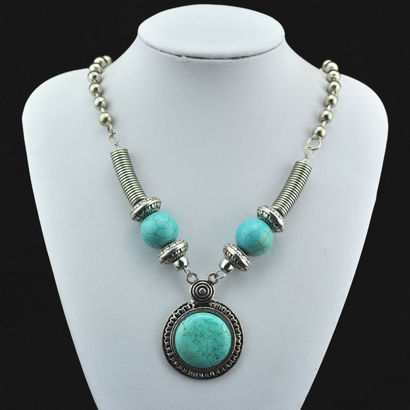 N35 Green Turquoise Stone Natural Stone Necklace Pendant Jewlery Women Vintage Look Tibet Alloy free shipping