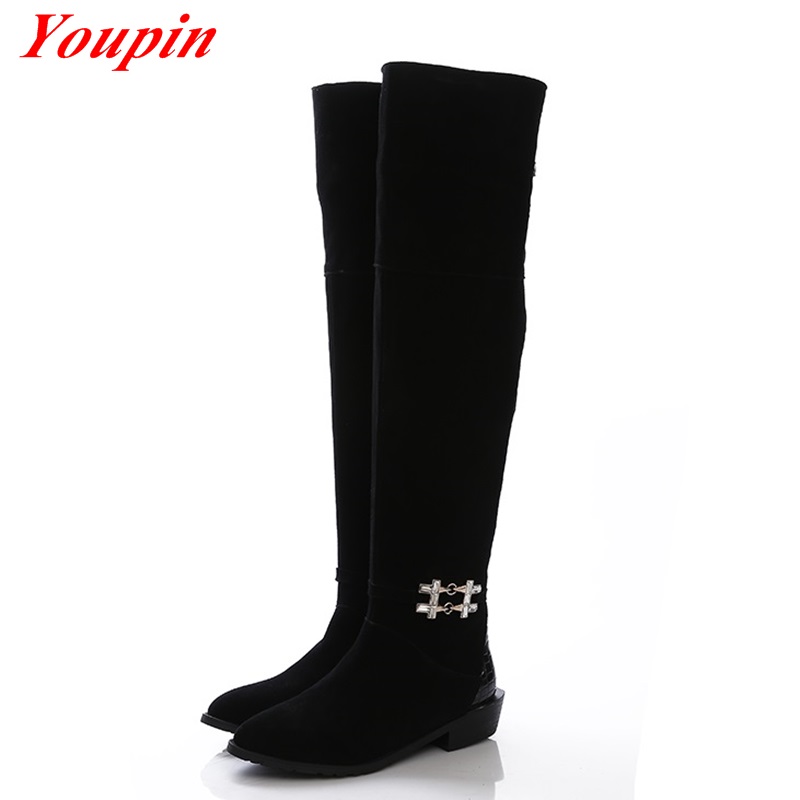 Woman Sequined Knee Boots Winter Short Plush Nubuck Leather Thick With Long Boots High Quality Pointed Toe Sequined Knee Boots