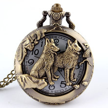 Dial Diameter 0.048m Antique Bronze Wolf Hollow Quartz Pocket Watch Necklace Pendant  With Chain