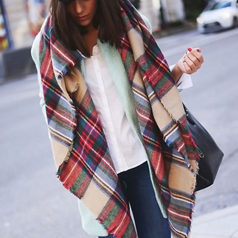 Women Blanket Oversized font b Tartan b font Plaid Scarf Wrap Shawl Poncho Jacket Coat Stole