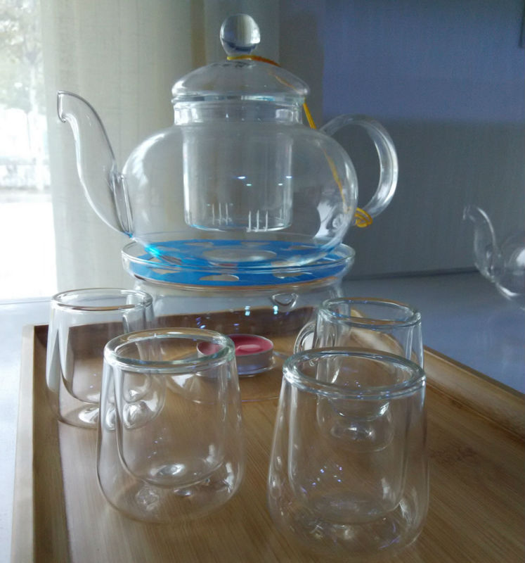 600ml glass teaset kettle tea set including 4 double wall 40ml small cups warmer heat resistant