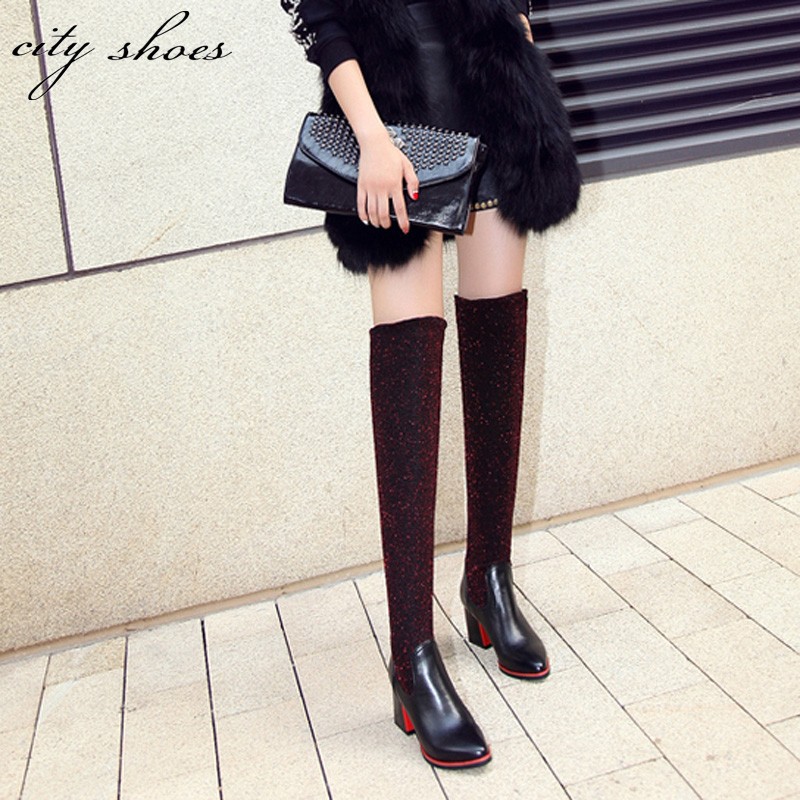 2015 New Winter Women Over Knee Black Boots Fashion Ladies Square