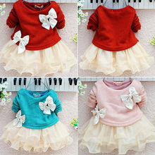 hot sale!2013 New red and pink color baby kids dresses Lace Bow Princess Long Sleeve girl dress 3M-2Y Clothes