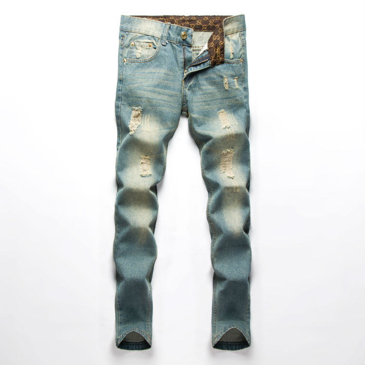 2016 New fashion men s Classic holes Straight jeans Teen popular college style wild jeans Denim