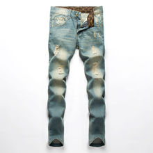 2016 New fashion men s Classic holes Straight jeans Teen popular college style wild jeans Denim