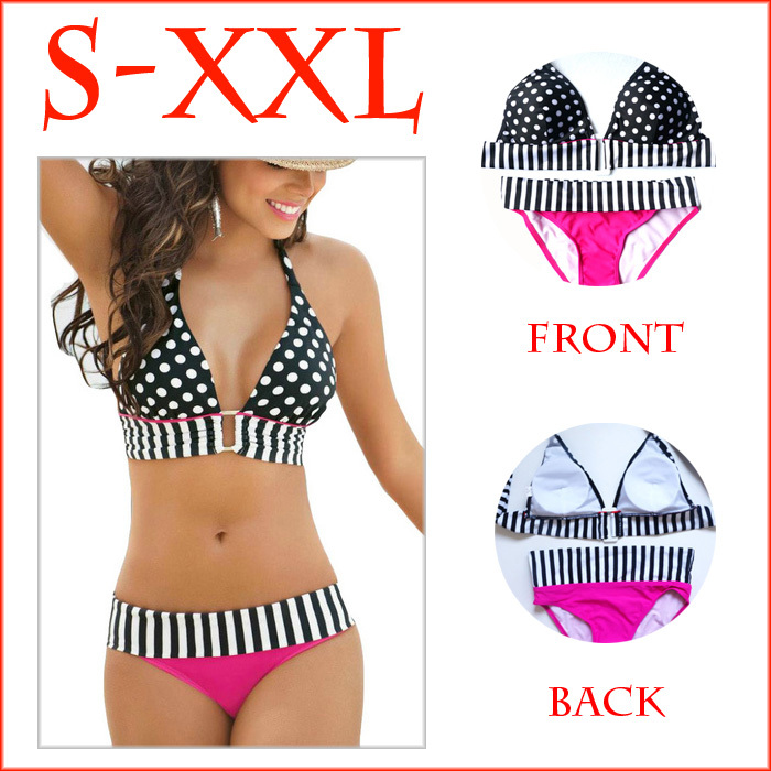 Plus Size XXL 2015 Hot Sale Women Swimwear Sexy Stripe Fringe Dotted Triangl Halter Bikini Set