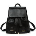 Top Layer Cowhide Women Fashion Simple Backpack Backside Zipper Drawstring Flap Packsack Solid Color Genuine Leather