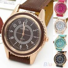 Men ‘ s de la mujer chapado en oro rosa Faux Leather Band cuarzo del Dial del reloj 2EA5