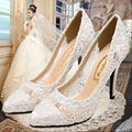 2015 single shoes white high heeled shoes thin heels pointed toe shoes lace wedding shoes dwarf