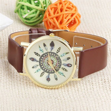 Delicate Womens Watches Fashion Feather Dial Leather Band Quartz Analog WristWatches relogio feminino Hot Selling