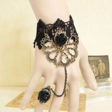 Handmade Lolita Gothic Cutout Fan Metal Bronze Flower Rose Black Lace Adjustable Ring and Bracelet SET Ball Fashion Accessories