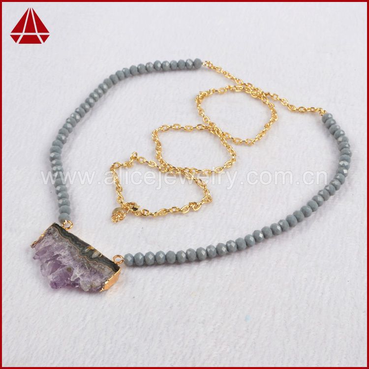 Bohemia Amethyst Necklace, Vintage Natural Amethyst & Gray Stone Beads Pendant Necklace ,Quartz Drzuy women Long Necklaces G350