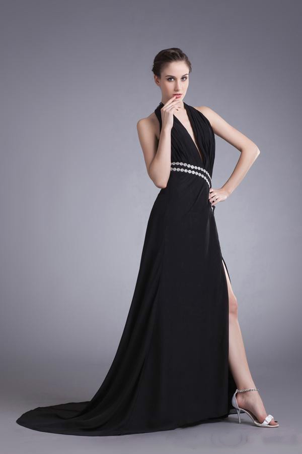 17 Elegant black chiffon v-neck sequins prom evening dresses 2014 side slit long length (2)_meitu_80