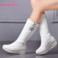 2017 Women Boots White PU leather Down Mid Calf Round Toe Wedge Med Heel Boots Women