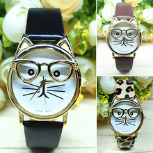 Women’s Men’s Cute Glasses Cat Case Faux Leather Analog Quartz Bracelet Wrist Watch