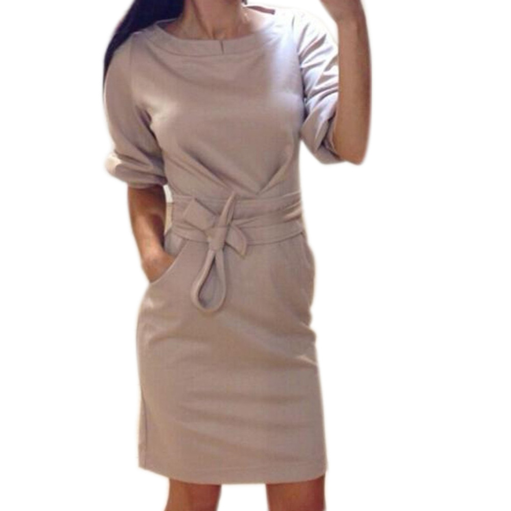 Hot Sale Women's Dresses 2015 New O-neck Solid Pocket Sashes Spring ...