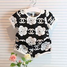 2016 Hot Spring Summer Children’s Clothing In Lovely White Flowers Baby Short Children T-shirt And Shorts Set Free Shipping