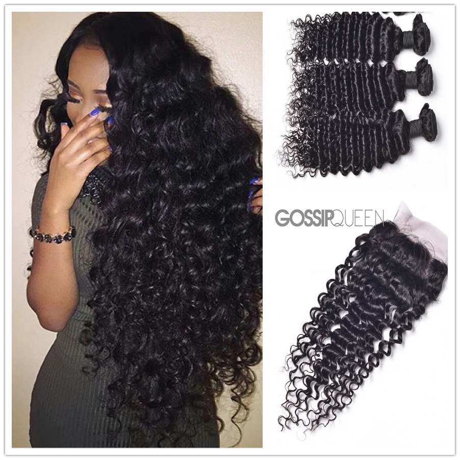 7A Brazilian deep wave Hair With Closure 4 PiecesLot With Free Part  Lace Closure Human Hair Weave Brazilian  Virgin Hair