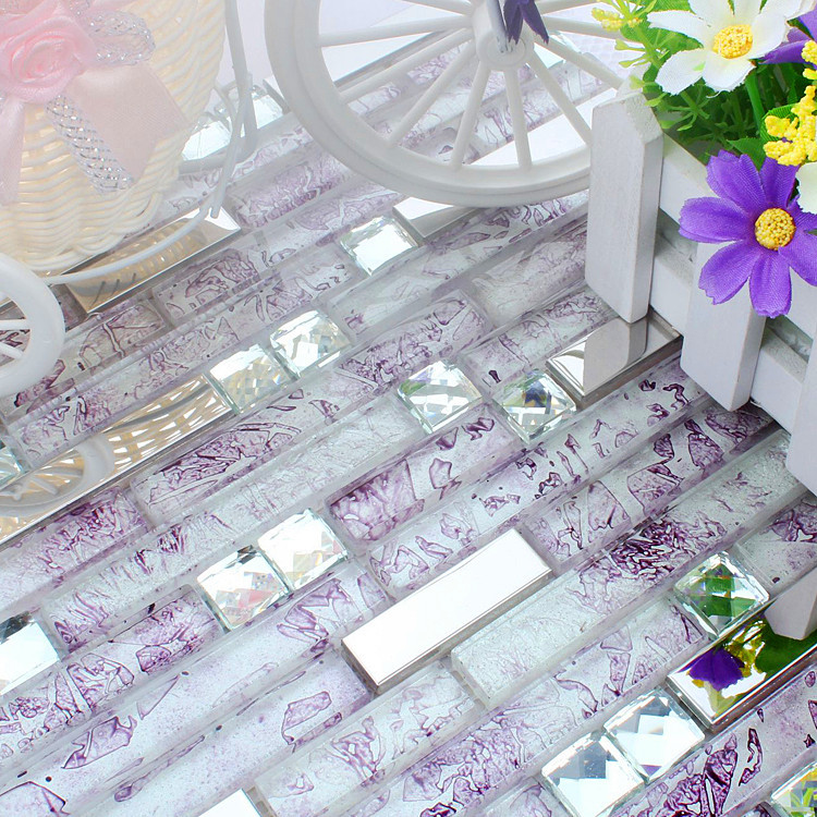 Purple Cyrstal Glass Mixed Stainless Steel Mosaic Tiles For Dining
