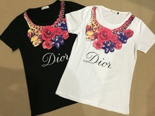 2015 Summer Short Sleeve Women T Shirt Rose Flower Necklace letters printed Shirts Clothes Femininas tops