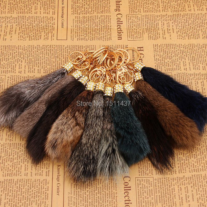 Novelty Fashion trinket Rhinestone Genuine 14cm fox fur Key Chains Ring Holder charms women handbag Keychain Keyring Jewelry