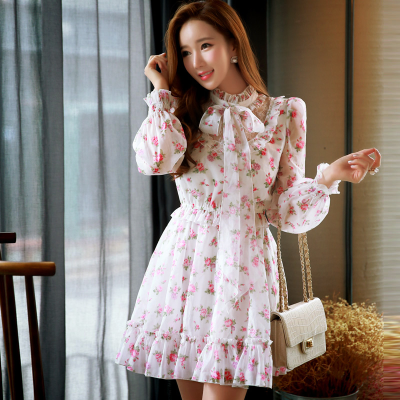 Autumn dress pink doll 2015 Hitz bow pleated long sleeved dress