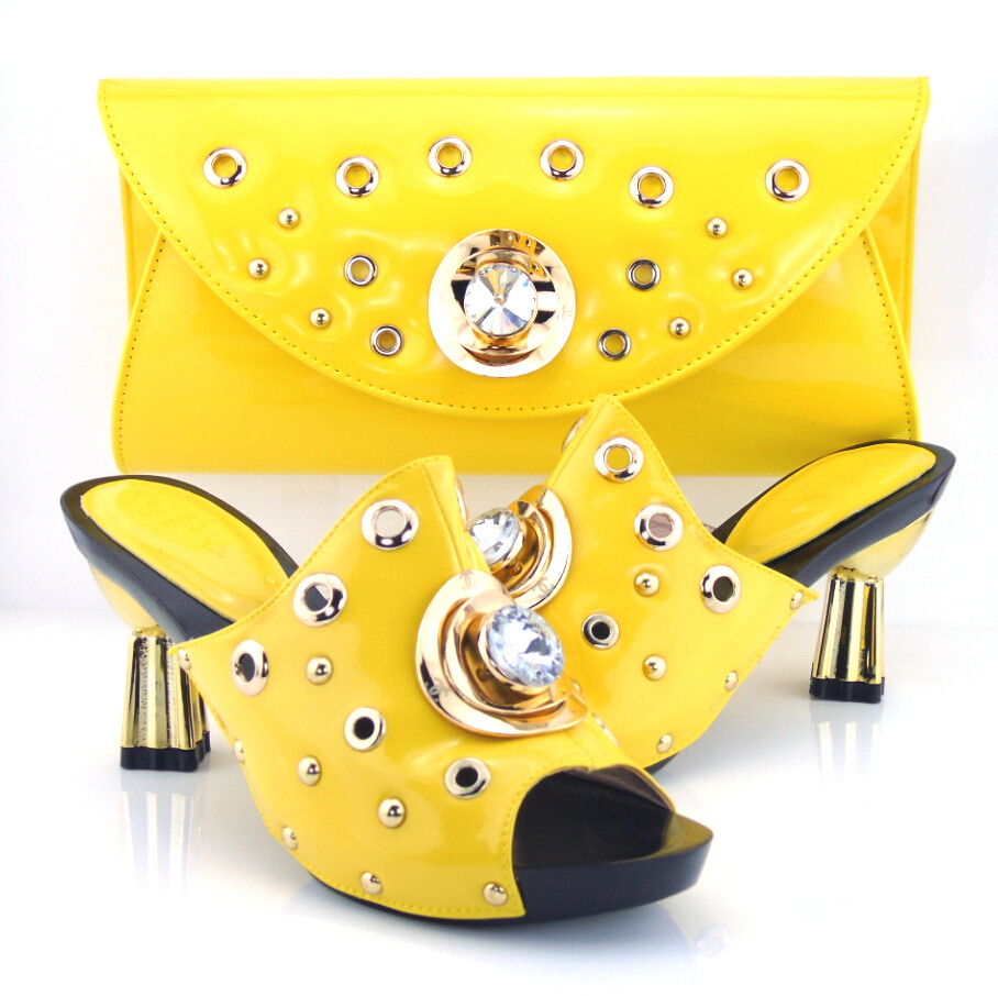 yellow !top quality Italian ladies shoes and matching bag set,latest pattern rhinestones gold high heel party shoes ! HPX1-3