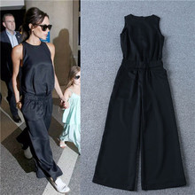 victoria beckham clothing black 2016 european style street fashon o-neck loose wide leg ankle length jumpsuits summer sleeveless