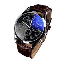 Splendid Luxury Fashion Faux Leather Men Blue Ray Glass Quartz Analog Watches Casual Cool Watch Men