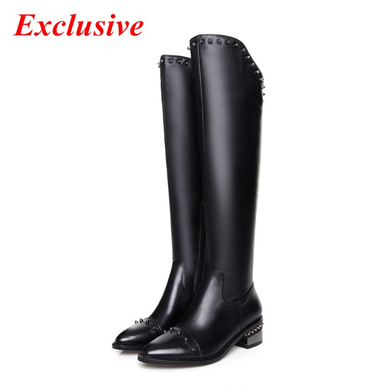 2015 Woman Rivets Knee Boots Genuine Leather Winter Short Plush Sequined Long Boots High Quality Black Brown Rivets Knee boots